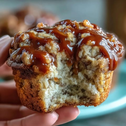 A muffin is broken in half, showing the gooey caramel cream cheese swirl filling inside the tender, golden banana bread crumb.
