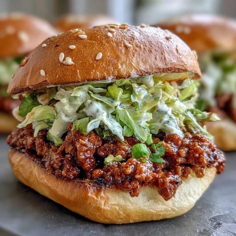 Freshly toasted slider buns cradle the sweet and spicy Korean Turkey Sloppy Joe Sliders, garnished with green onions.