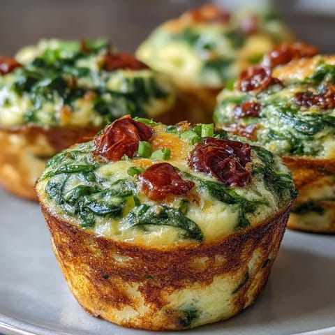 Savory High-Protein Egg Muffin Cups with Spinach and Tomatoes served warm on a white plate with herbs.