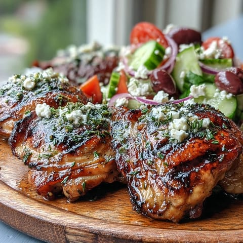 Sizzling Grilled Lemon Herb Chicken Thighs with Greek Salad plated on a rustic table