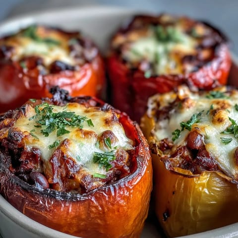 Baked black-eyed pea stuffed peppers with tender bell peppers filled with savory rice and vegetable mixture.  