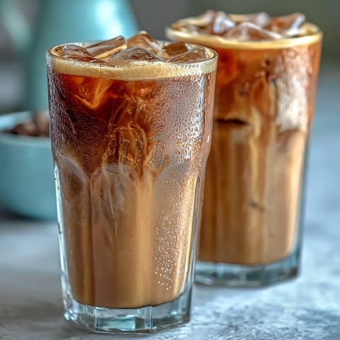 Iced hojicha latte with creamy milk and maple syrup served over ice cubes in clear glasses.