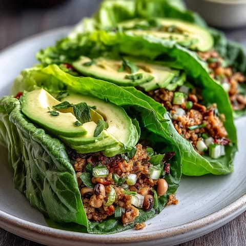 Crunchy lettuce leaves wrap savory black-eyed peas with peppers, carrots, and lemon for a zesty bite.  