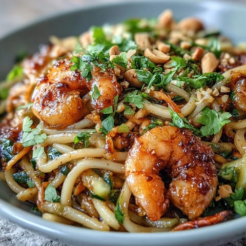 A colorful Asian Noodle Bowl filled with juicy shrimp, crisp julienned vegetables, and rice noodles tossed in a tangy sesame-lime sauce.