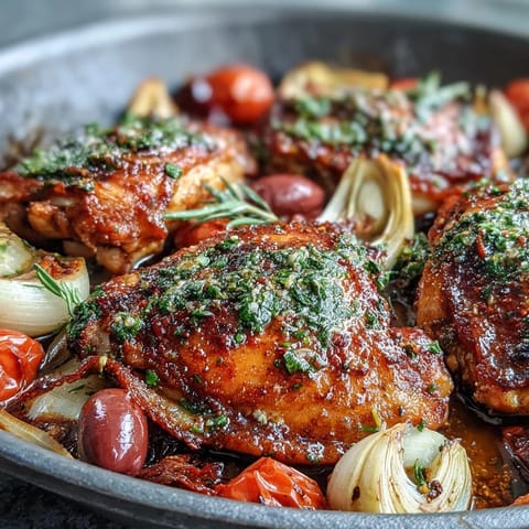 One-pan Mediterranean chicken with olives and artichokes in a vibrant skillet with golden chicken thighs, colorful vegetables, and fresh herbs.  