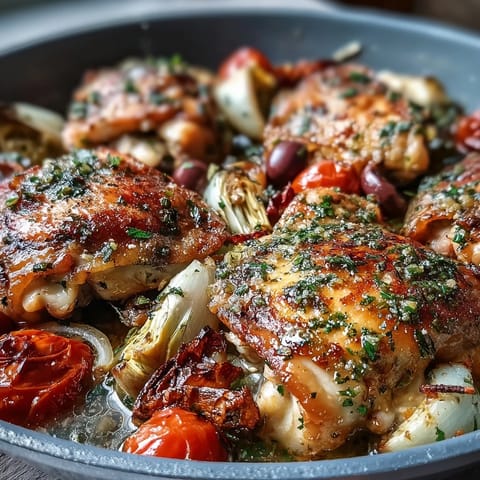 Flavorful one-pan Mediterranean chicken dish with juicy thighs, briny Kalamata olives, tender artichokes, and cherry tomatoes, garnished with parsley.  