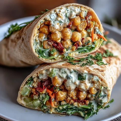 Colorful wraps filled with curry-spiced chickpea salad, crunchy veggies, and soft tortillas for a quick vegan meal.  