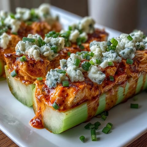 Keto buffalo chicken stuffed celery boats topped with tangy blue cheese crumbles for a zesty low-carb appetizer.