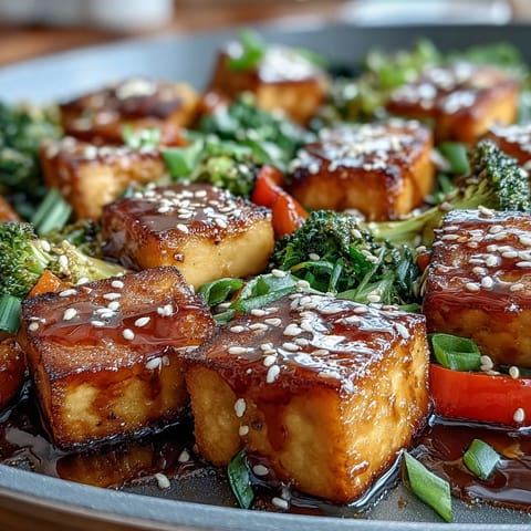 A colorful sheet pan of vegan teriyaki tofu with roasted broccoli and peppers, glazed in savory homemade sauce and garnished with sesame seeds.