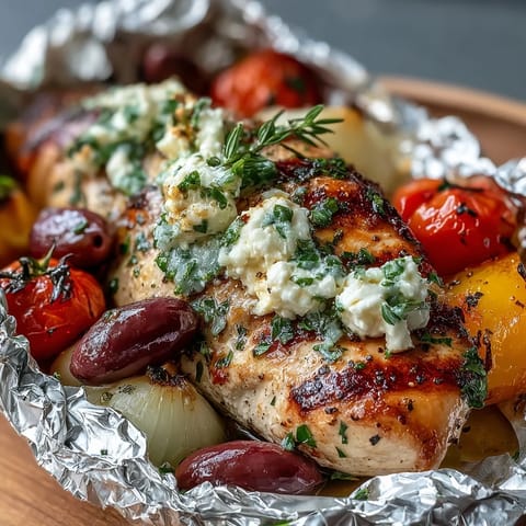 Juicy chicken breast and colorful vegetables seasoned with lemon and oregano, wrapped in foil and baked for a healthy Greek-inspired meal.  