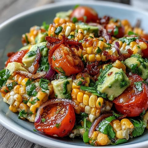 Fresh and vibrant Summer Corn, Tomato, and Avocado Salad with Lime Vinaigrette, featuring crisp vegetables and a tangy citrus vinaigrette for a refreshing summer side.  