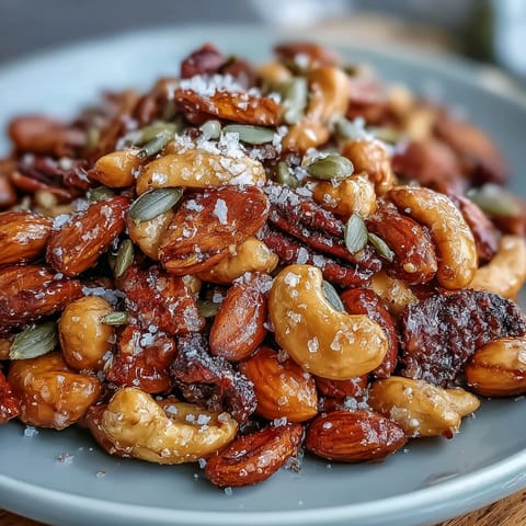 Golden baked snack mix with cashews, almonds, and seeds glistening in a honey-butter glaze, sprinkled with flaky sea salt.  