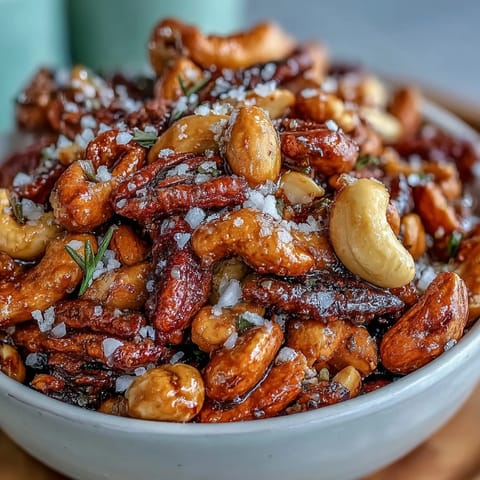 Crunchy roasted peanuts and mixed nuts coated in salted honey and warm spices for a sweet-savory snack mix.  