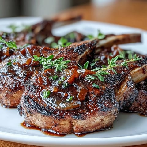 Tender lamb chops topped with caramelized onion jam, balsamic, and fresh thyme.  