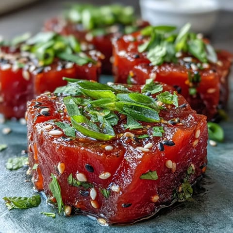 Zesty sriracha-soy tuna tartare garnished with sesame seeds and fresh scallions for a vibrant appetizer.  