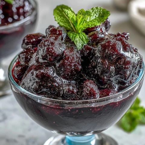 A bowl of vibrant black currant sorbet with deep purple hue and refreshing tart flavor.  