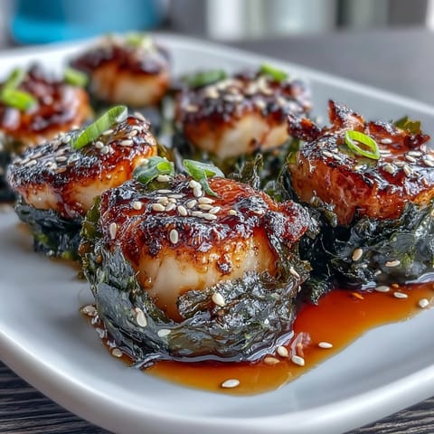 Close-up of crispy nori-wrapped scallops drizzled with zesty ponzu sauce, garnished with sesame seeds.