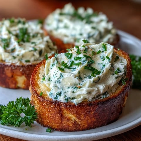 Creamy roasted garlic and herb butter spread served on golden toasted crostini with fresh parsley garnish.