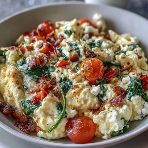 Fluffy scrambled eggs with creamy cottage cheese and sautéed bell peppers for a protein-rich breakfast.