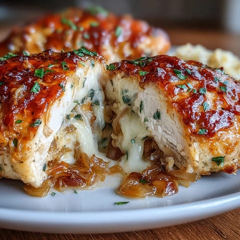 French Onion Stuffed Chicken Breasts with caramelized onions and melted Gruyère cheese, baked until golden and juicy.  