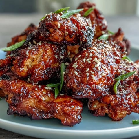 Crispy air fryer Korean fried chicken glazed with spicy-sweet gochujang sauce, sesame seeds, and green onions.  