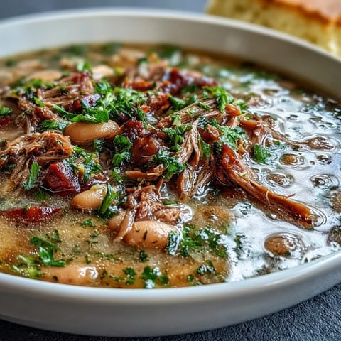 Rich, slow-simmered ham hock and bean soup featuring vegetables and herbs, paired with warm, crumbly cornbread.  