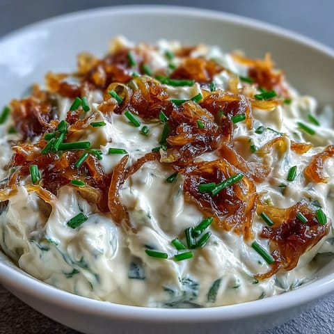 Creamy Caramelized Onion Dip with Greek Yogurt Base, featuring golden-brown caramelized onions blended into a tangy, rich yogurt dip.