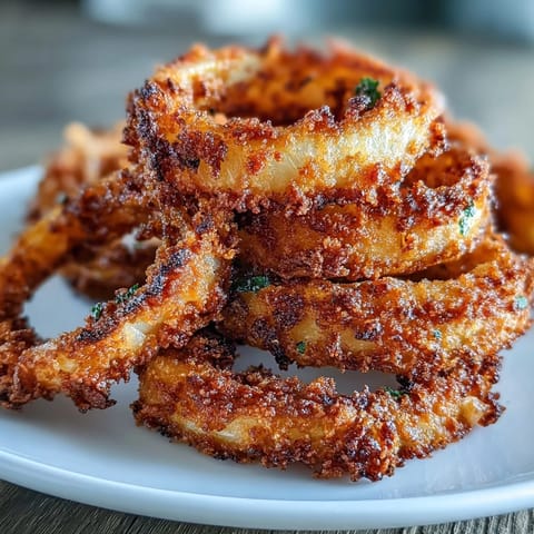 Crispy baked onion rings golden brown and served with a creamy smoky paprika dip.  