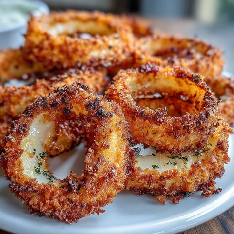 Golden onion rings coated in seasoned panko and paired with a zesty paprika sour cream dip.  