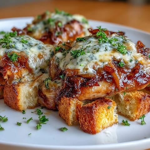 French Onion Chicken Thigh Bake with Sourdough Topping: golden chicken thighs nestled in caramelized onions, topped with crispy sourdough and melted Gruyère cheese.