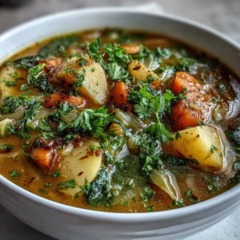Warm Winter-to-Spring Vegetable Soup with Barley in a rustic bowl, garnished with fresh parsley and steam rising from the hearty mix of seasonal vegetables.