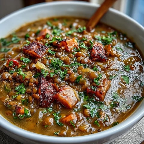 Hearty one-pot ham, onion, and lentil stew with tender lentils and smoky diced ham simmered in rich broth.