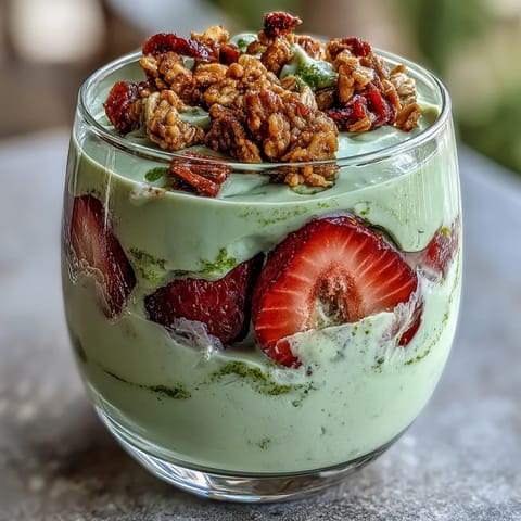 Vibrant strawberry matcha yogurt parfait with granola, fresh strawberries, and crunchy toppings in a clear glass jar.