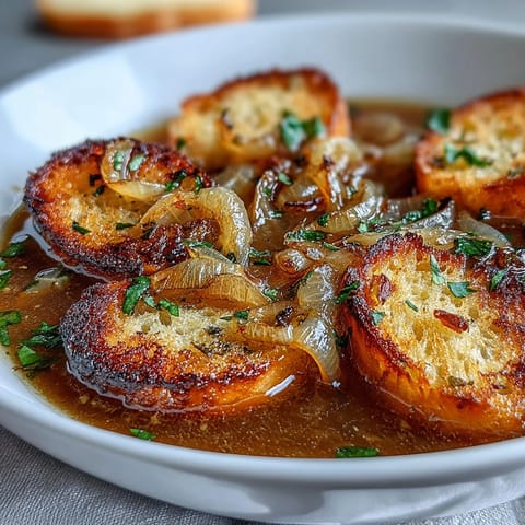 Aromatic roasted garlic and caramelized onion soup with golden herb croutons, perfect for cozy evenings.  