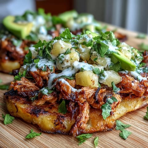 Crispy tostadas piled high with shredded chicken, zesty pineapple salsa, and creamy lime crema.  