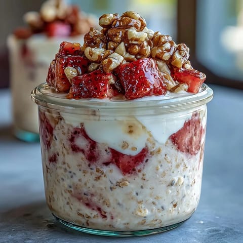 Strawberry Banana Bread Overnight Oats with Walnuts - creamy oats swirled with ripe banana, fresh strawberries, and crunchy walnuts for a wholesome, make-ahead breakfast.  