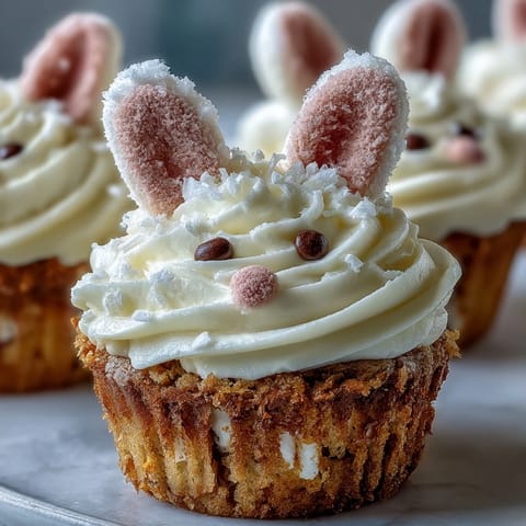 Easter Bunny Carrot Cake Cupcakes with creamy frosting and marshmallow bunny ears, perfect for festive spring celebrations.