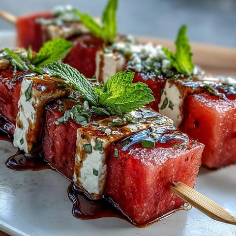 Vibrant watermelon feta salad skewers with fresh mint and creamy cheese, perfect for summer parties and outdoor gatherings.