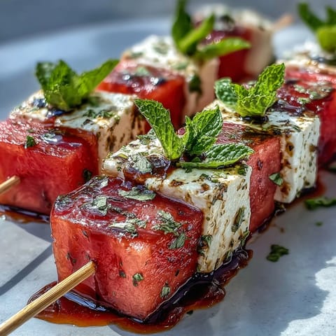 Colorful appetizer skewers featuring juicy watermelon cubes, tangy feta, and aromatic mint leaves drizzled with olive oil and balsamic glaze.