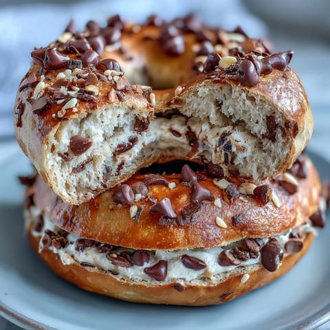 Chocolate chip protein bagels with a golden crust and melty chocolate chips, perfect for a high-protein breakfast or snack.
