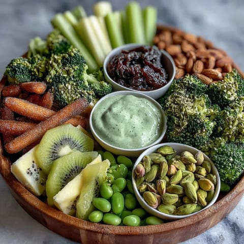 A vibrant St. Patricks Day treats board filled with green snacks, dips, and fresh produce, perfect for festive gatherings.