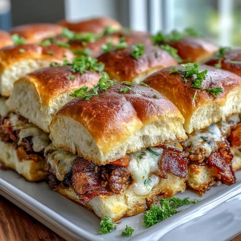 Kentucky Derby Hot Brown Sliders on Brioche Buns: golden toasted brioche buns loaded with roasted turkey, crispy bacon, and creamy Mornay sauce, garnished with parsley.