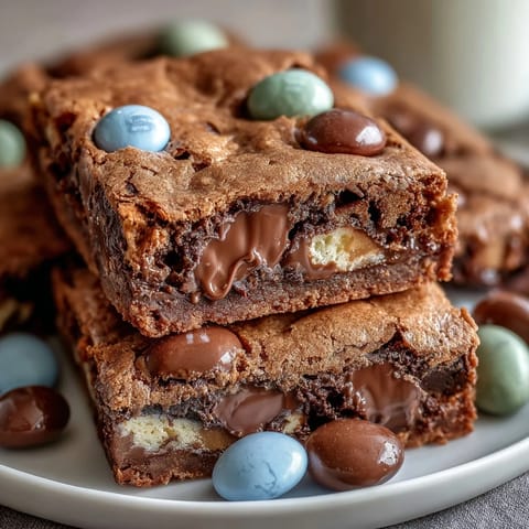 Chewy Cadbury Egg Cookie Bars with pastel M&Ms, loaded with Easter candy for a festive spring dessert.  