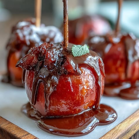 Classic red candy apples with white chocolate drizzle glisten with a shiny red coating and delicate white chocolate swirls.
