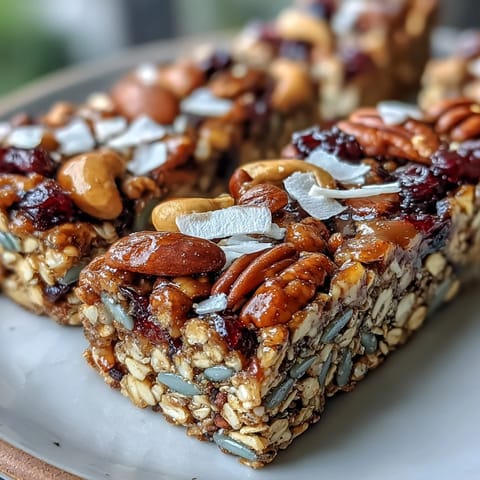 1. No-Bake Granola Energy Bars with oats, nuts, and dried fruit, perfect for quick snacks or outdoor adventures.  