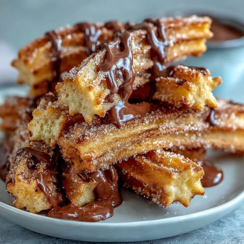 Golden, crispy churro bites rolled in cinnamon sugar, served warm with a glossy chocolate dipping sauce for a festive Cinco de Mayo dessert.