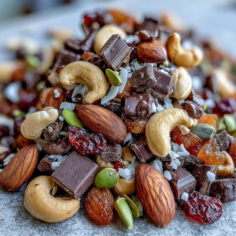 Homemade trail mix with dark chocolate, packed with crunchy almonds, cashews, and chewy dried fruits for a satisfying snack.
