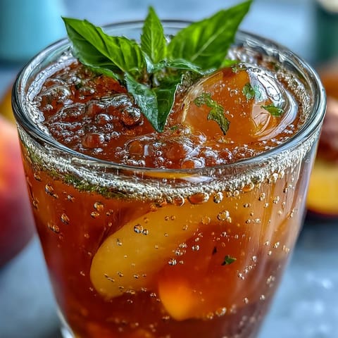 Juicy mango peach sparkling tea poured over ice, garnished with mint.