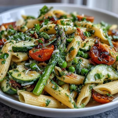Vibrant spring pasta primavera, showcasing colorful fresh vegetables and a zesty lemon herb sauce.