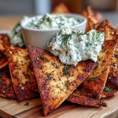 Crisp Mediterranean pita chips with creamy, herbaceous tzatziki, a perfect appetizer.